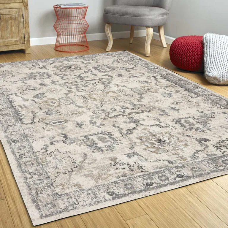 Ivory Machine Woven Distressed Floral Traditional Indoor Area Rug Photo 5