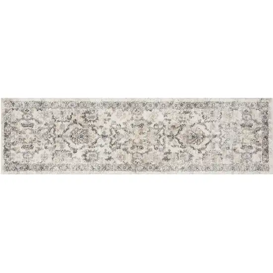 Ivory Machine Woven Distressed Floral Traditional Indoor Runner Rug Photo 2