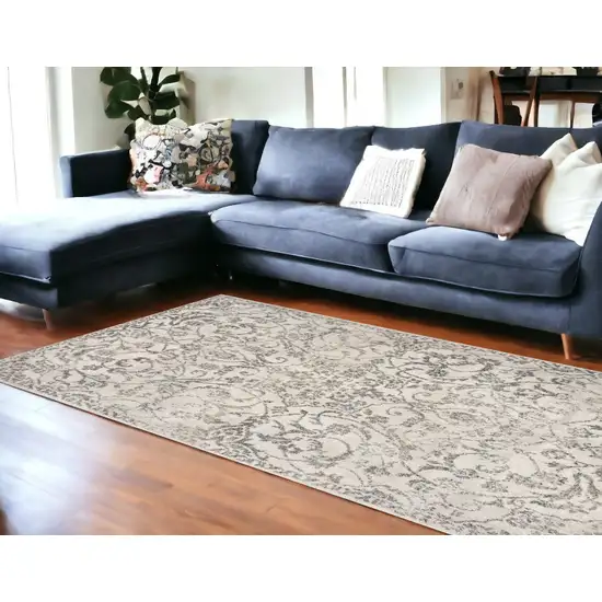 Ivory and Gray Floral Vines Distressed Area Rug Photo 1