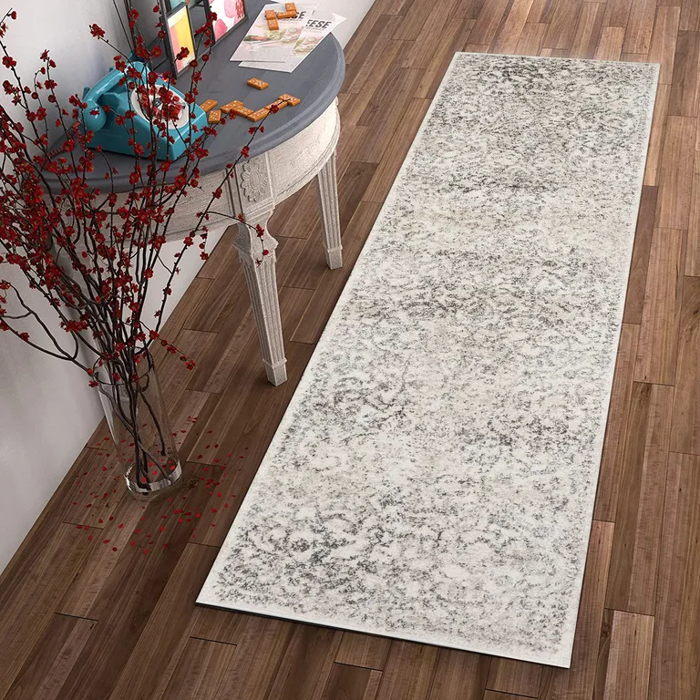 Ivory Machine Woven Distressed Floral Vines Indoor Runner Rug Photo 5