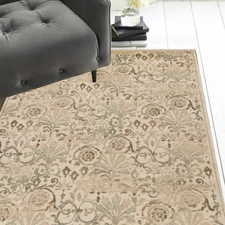 Ivory Machine Woven Floral Traditional Indoor Area Rug Photo 4