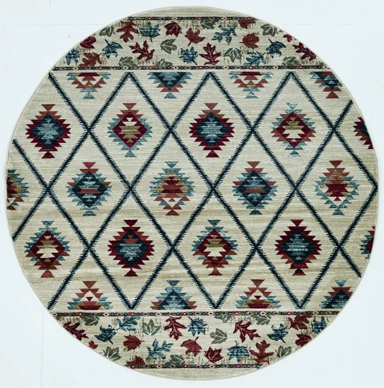 Ivory Machine Woven Geometric Lodge Round Indoor Area Rug Photo 1