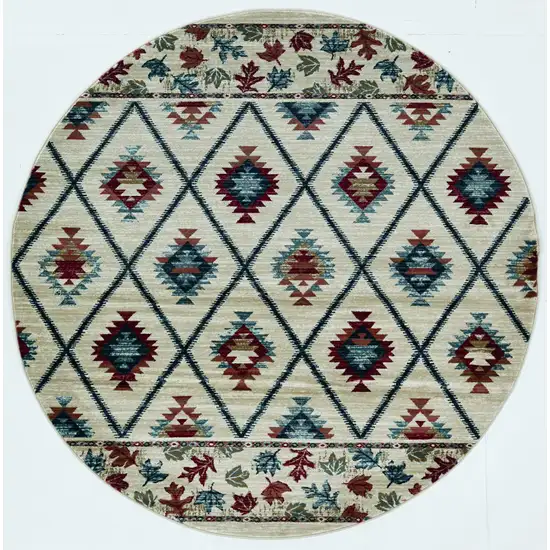 Ivory Machine Woven Geometric Lodge Round Indoor Area Rug Photo 3