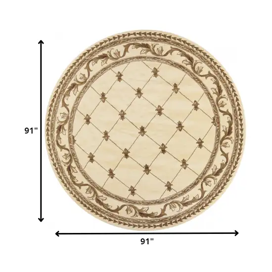 Ivory Machine Woven Hand Carved Fleur De Lis Round Indoor Area Rug Photo 2