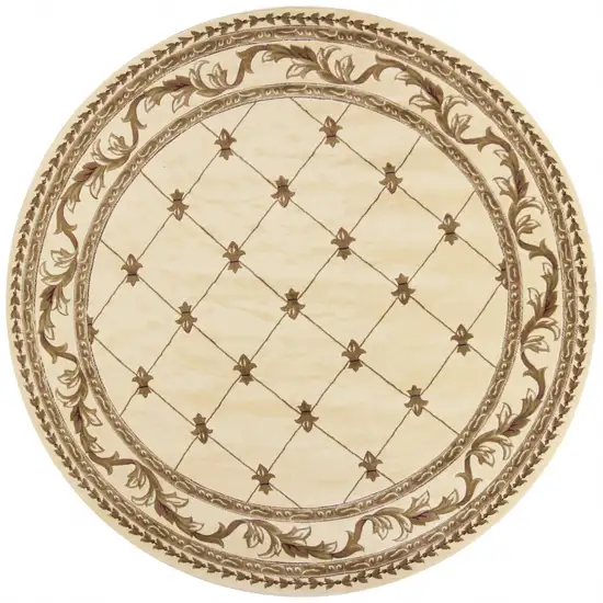 Ivory Machine Woven Hand Carved Fleur De Lis Round Indoor Area Rug Photo 1