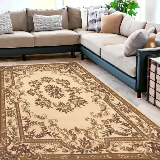 8'X11' Ivory Machine Woven Hand Carved Floral Medallion Indoor Area Rug Photo 2