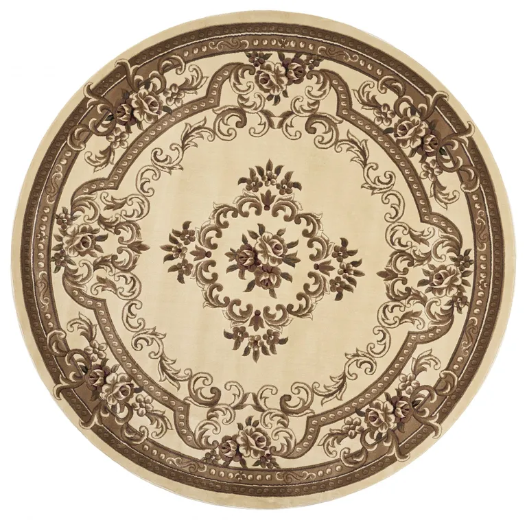 Ivory Machine Woven Hand Carved Floral Medallion Round Indoor Area Rug Photo 1