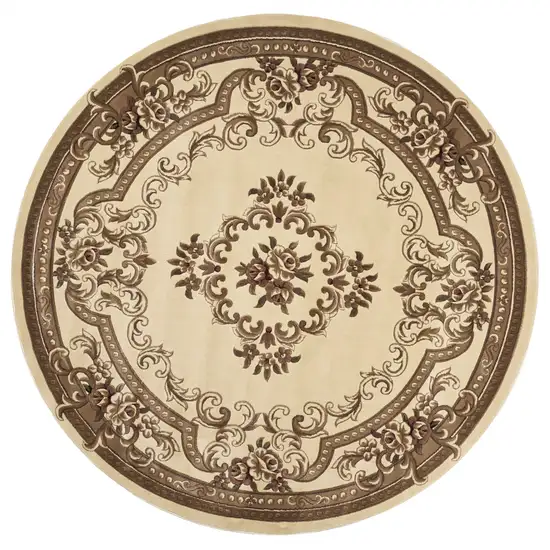 Ivory Machine Woven Hand Carved Floral Medallion Round Indoor Area Rug Photo 1