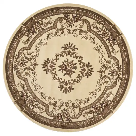 Ivory Machine Woven Hand Carved Floral Medallion Round Indoor Area Rug Photo 2