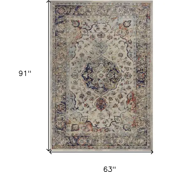 5'X8' Ivory Machine Woven Traditional Floral Medallion Indoor Area Rug Photo 3