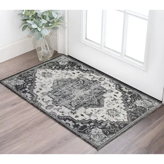 Ivory Black and Gray Medallion Power Loom Area Rug Photo 1