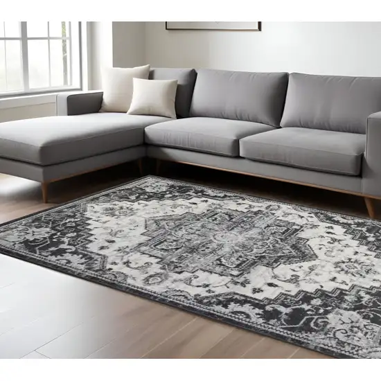 Ivory Black and Gray Medallion Power Loom Area Rug Photo 1