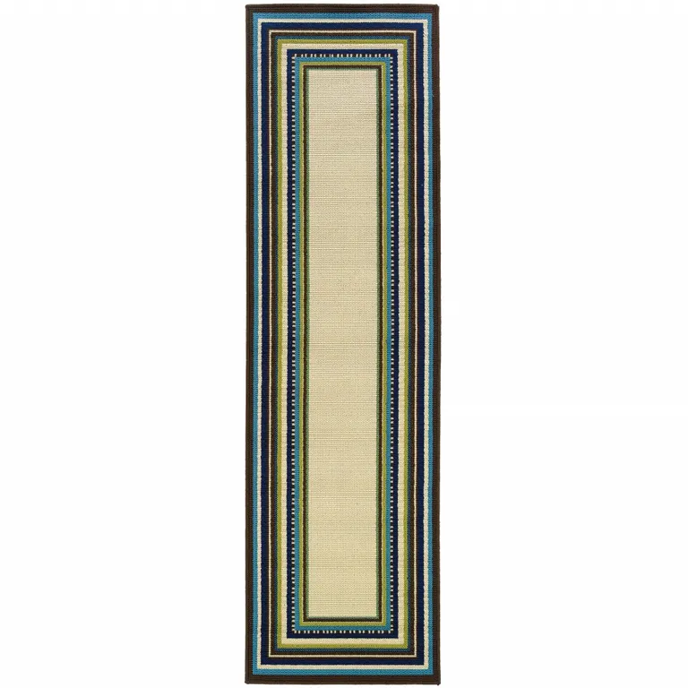 Ivory Mediterranean Blue and Lime Border Indoor Outdoor Runner Rug Photo 1