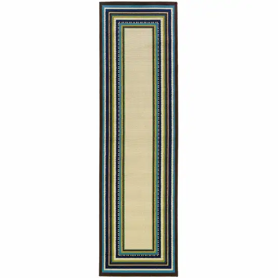 Ivory Mediterranean Blue and Lime Border Indoor Outdoor Runner Rug Photo 1