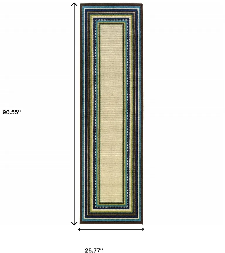 Ivory Mediterranean Blue and Lime Border Indoor Outdoor Runner Rug Photo 5