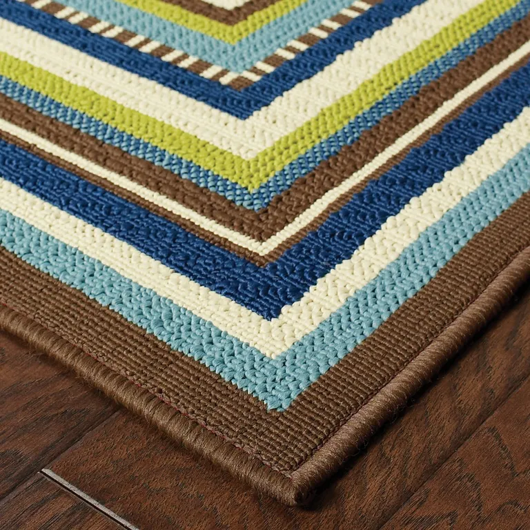 Ivory Mediterranean Blue and Lime Border Indoor Outdoor Runner Rug Photo 2