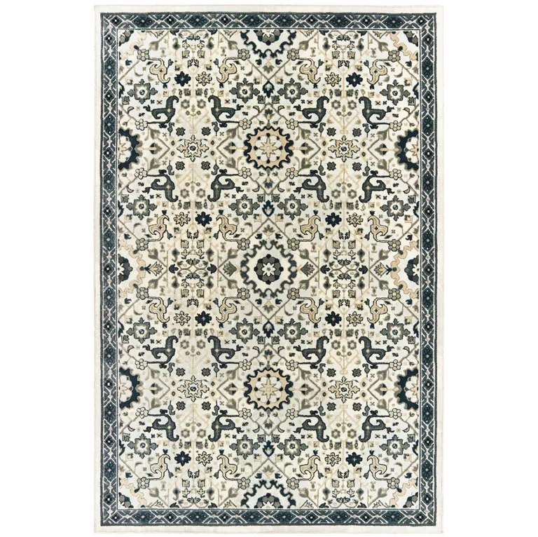 Ivory Navy And Gold Oriental Power Loom Stain Resistant Area Rug Photo 1