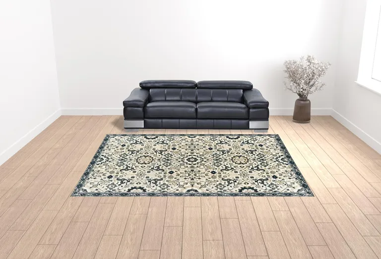 Ivory Navy And Gold Oriental Power Loom Stain Resistant Area Rug Photo 2