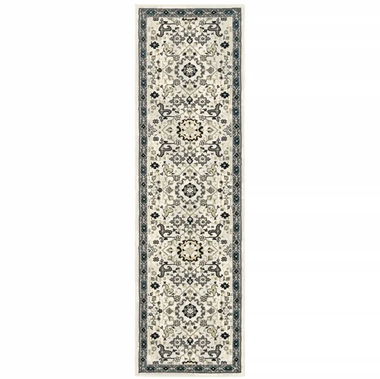 Ivory Navy And Gold Oriental Power Loom Stain Resistant Runner Rug Photo 1