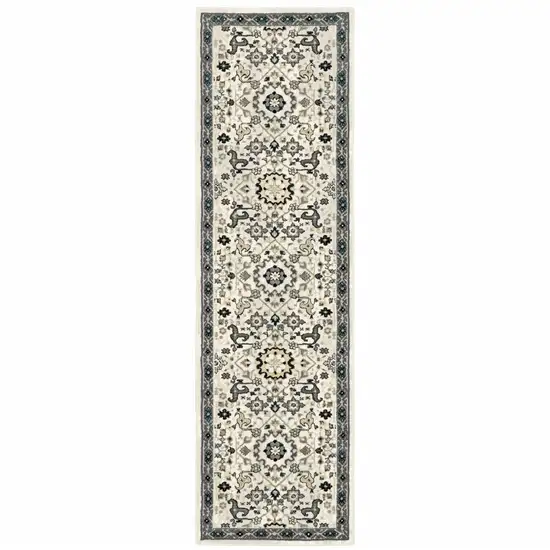 Ivory Navy And Gold Oriental Power Loom Stain Resistant Runner Rug Photo 1