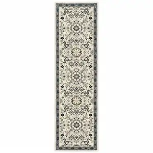 Photo of Ivory Navy And Gold Oriental Power Loom Stain Resistant Runner Rug