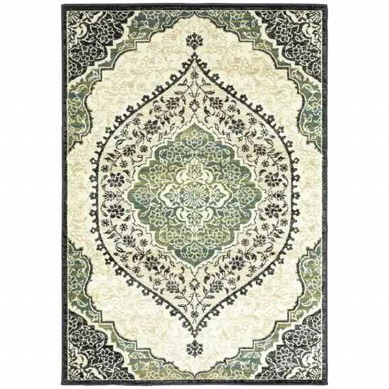 Ivory Navy And Green Oriental Power Loom Stain Resistant Area Rug Photo 1