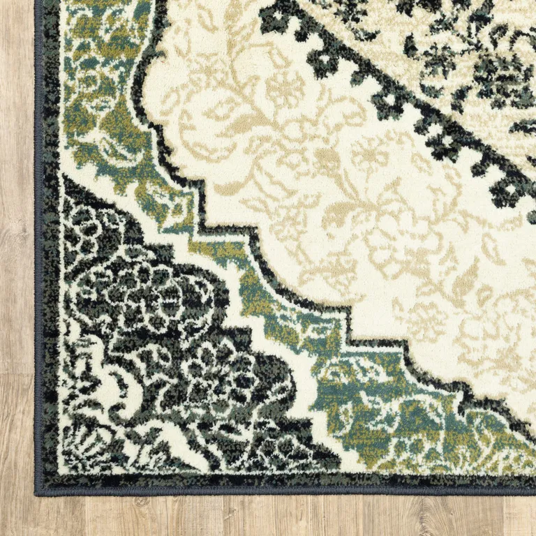 Ivory Navy And Green Oriental Power Loom Stain Resistant Area Rug Photo 2