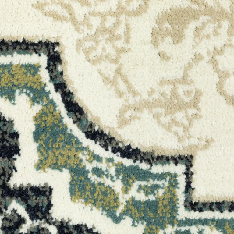 Ivory Navy And Green Oriental Power Loom Stain Resistant Area Rug Photo 4