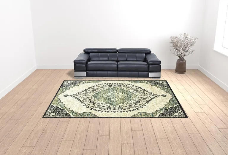 Ivory Navy And Green Oriental Power Loom Stain Resistant Area Rug Photo 3