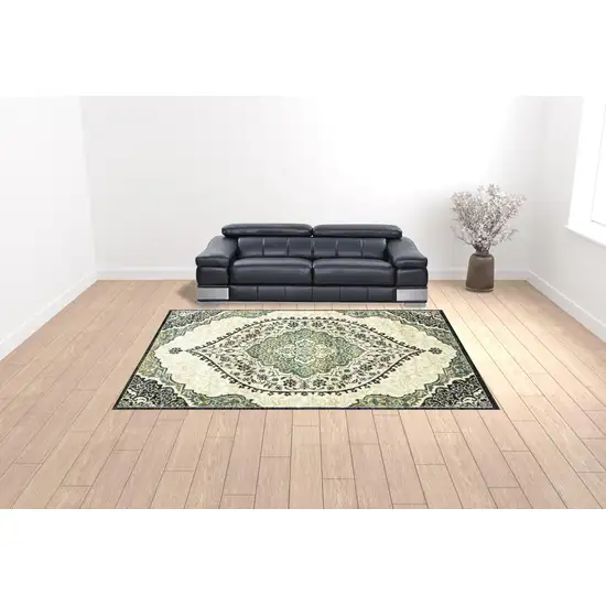 Ivory Navy And Green Oriental Power Loom Stain Resistant Area Rug Photo 3