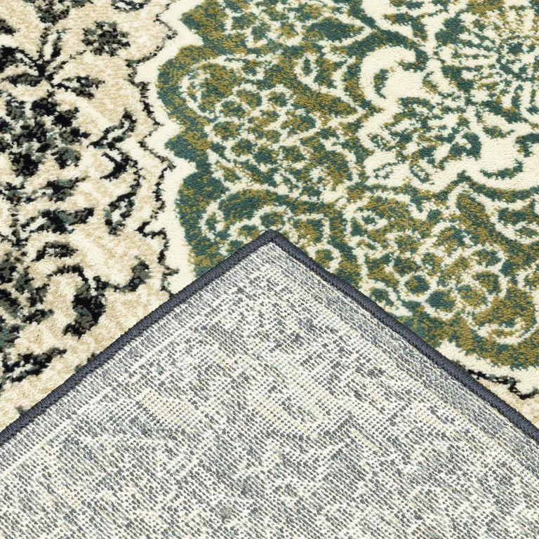 Ivory Navy And Green Oriental Power Loom Stain Resistant Area Rug Photo 5