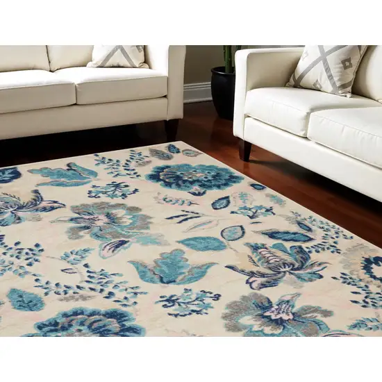 Ivory Navy Blue And Light Blue Floral Area Rug Photo 1