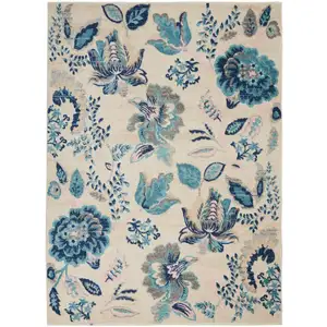 Photo of Ivory Navy Blue And Light Blue Floral Area Rug