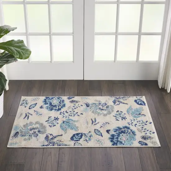 Ivory Navy Blue And Light Blue Floral Area Rug Photo 7