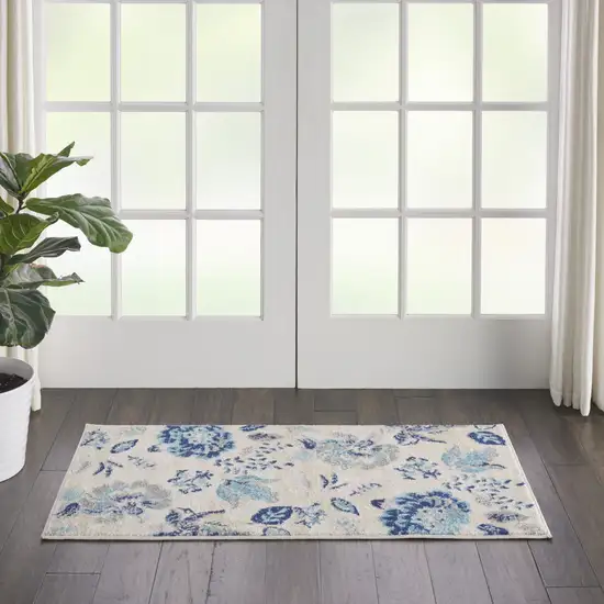 Ivory Navy Blue And Light Blue Floral Area Rug Photo 6