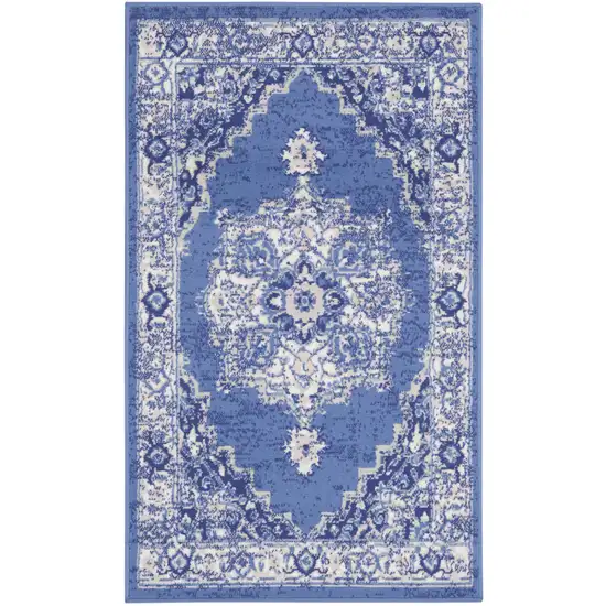 Ivory Navy Blue and Beige Floral Medallion Area Rug Photo 2