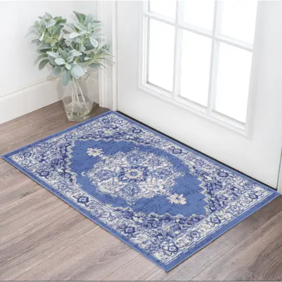 Ivory Navy Blue and Beige Floral Medallion Area Rug Photo 1