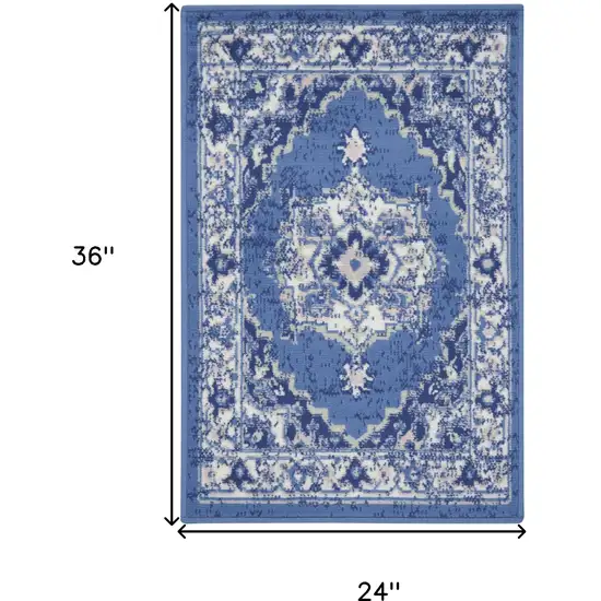 Ivory Navy Blue and Beige Floral Medallion Area Rug Photo 3