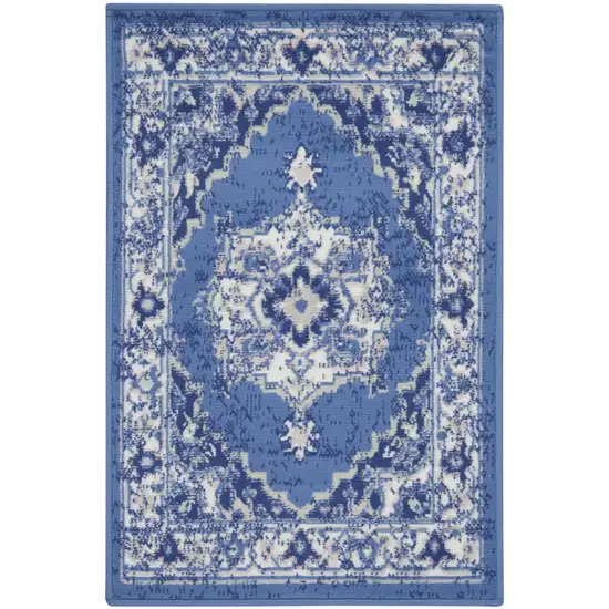 Ivory Navy Blue and Beige Floral Medallion Area Rug Photo 4