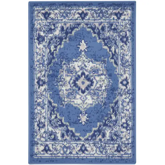 Ivory Navy Blue and Beige Floral Medallion Area Rug Photo 2