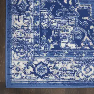 Photo of Ivory Navy Blue and Beige Floral Medallion Distressed Non Skid Area Rug