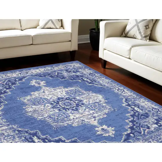 Ivory Navy Blue and Beige Floral Medallion Distressed Non Skid Area Rug Photo 1