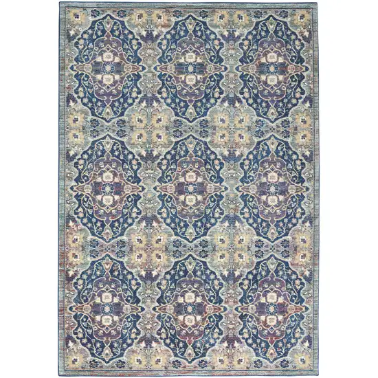 Ivory Navy Blue and Yellow Floral Distressed Non Skid Area Rug Photo 9