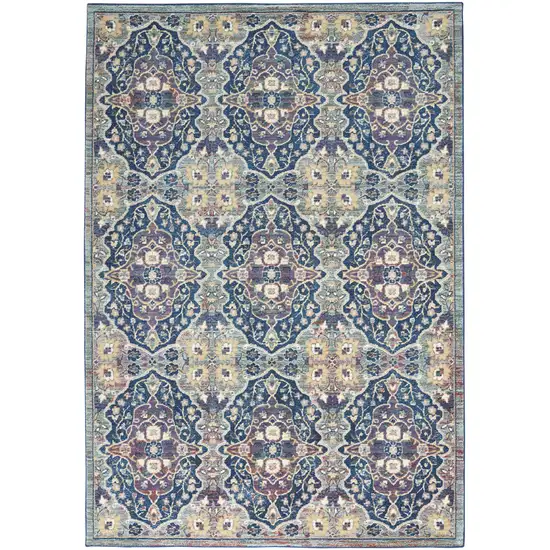 Ivory Navy Blue and Yellow Floral Distressed Non Skid Area Rug Photo 2