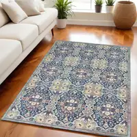 Photo of Ivory Navy Blue and Yellow Floral Distressed Non Skid Area Rug