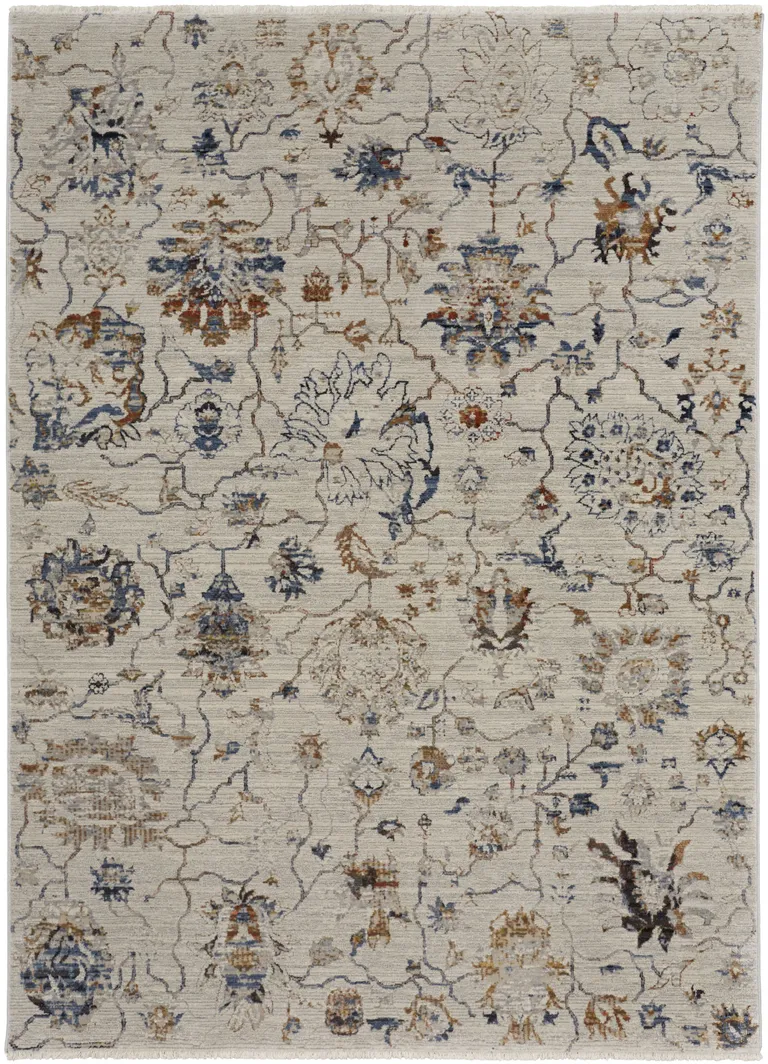 Ivory Orange And Blue Floral Power Loom Distressed Area Rug With Fringe Photo 1