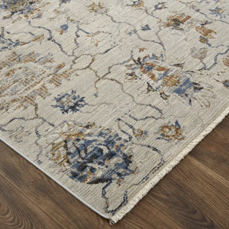 Ivory Orange And Blue Floral Power Loom Distressed Area Rug With Fringe Photo 3