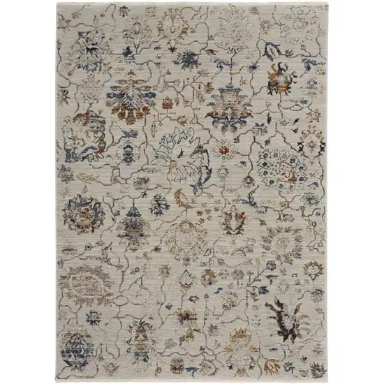 Ivory Orange And Blue Floral Power Loom Distressed Area Rug With Fringe Photo 1