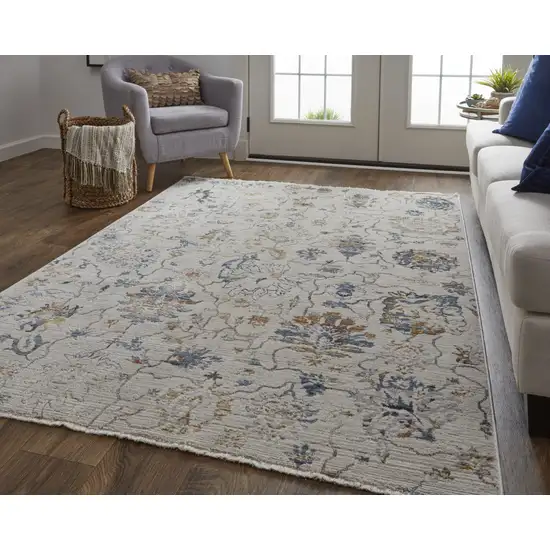 Ivory Orange And Blue Floral Power Loom Distressed Area Rug With Fringe Photo 7