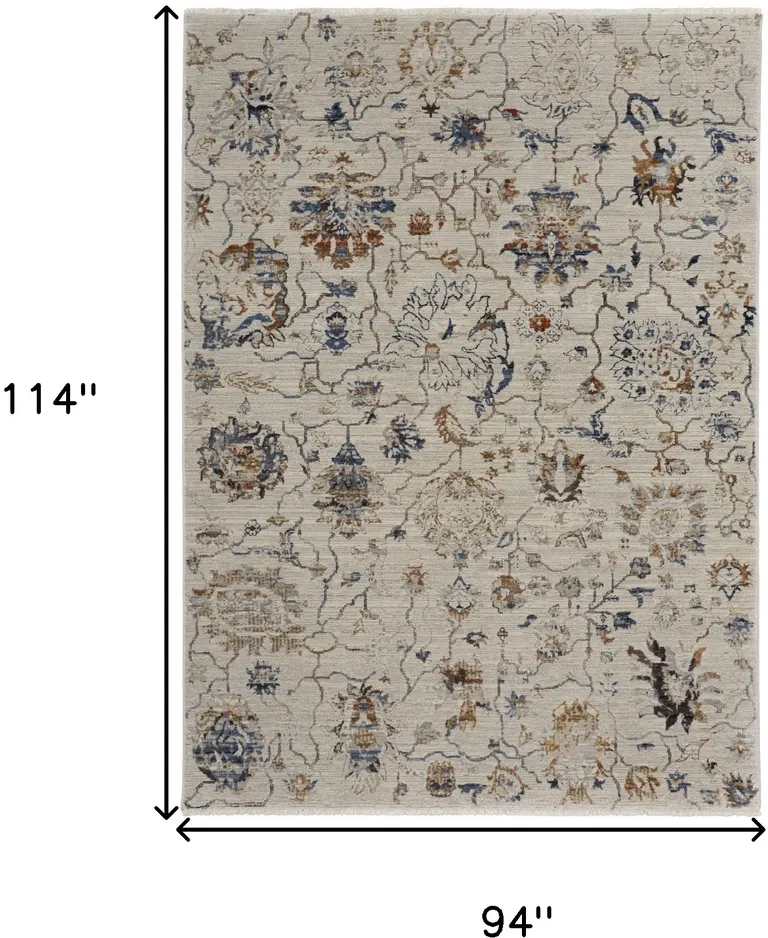 Ivory Orange And Blue Floral Power Loom Distressed Area Rug With Fringe Photo 1